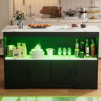 PAKASEPT 43'' Modern Kitchen Island with Storage,Imitation Marble Island Table with LED Lights & Cabinet for Kitchen, Dining Table for 4,Dining Room,Living Room,Home Bar,Black