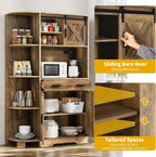 DWVO 67.3" Farmhouse Kitchen Pantry, Storage Cabinet Baker Rack with Power Outlet, Freestanding Hutch with Barn Door & Drawer, Buffet Sideboard with Microwave Stand for Dining Room, Rustic Brown