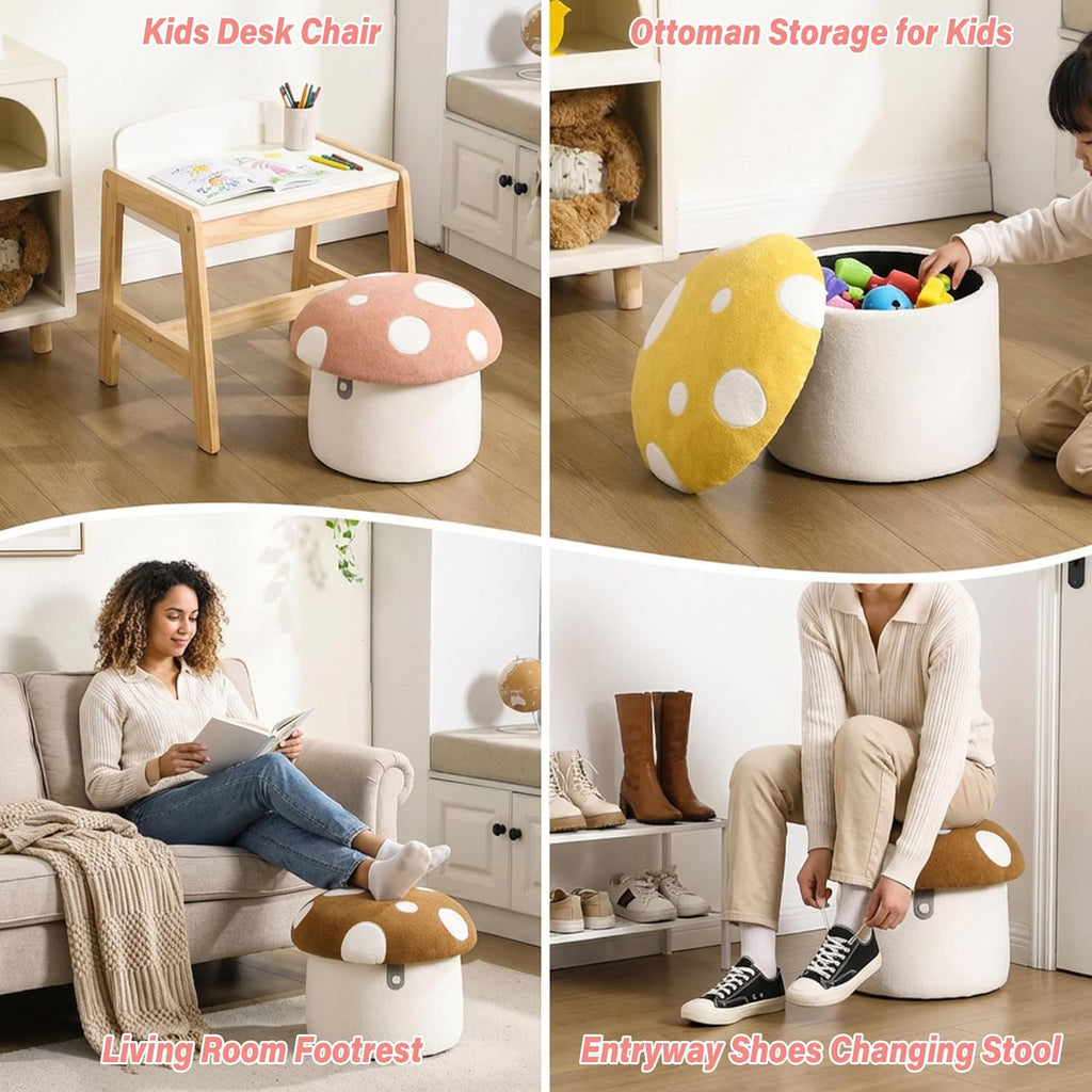 Mushroom Toddler Chair Comfy Chenille Kids Reading Chairs, Wooden Children Stool, No Assembly Kid Desk Chair, Cute Storage Ottoman for Kids Bedroom Furniture/Playroom/Boys Girls Gifts, Pink
