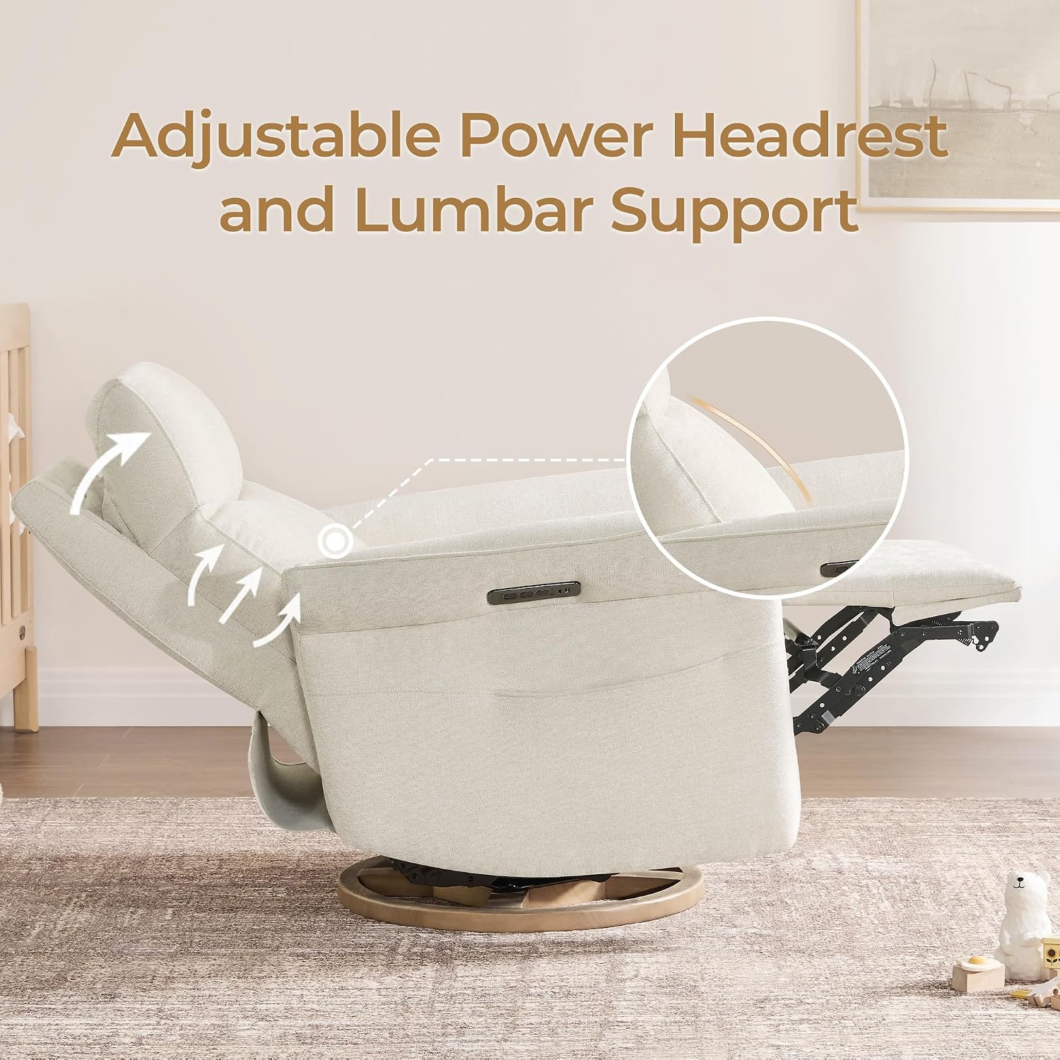 CHITA Power Recliner Chair, Electric Triple-Motor Swivel Glider Nursery Rocking Chair with Adjustable Power Headrest and Lumbar Support, GREENGARD Gold Certified, Solid Wood Base, Linen