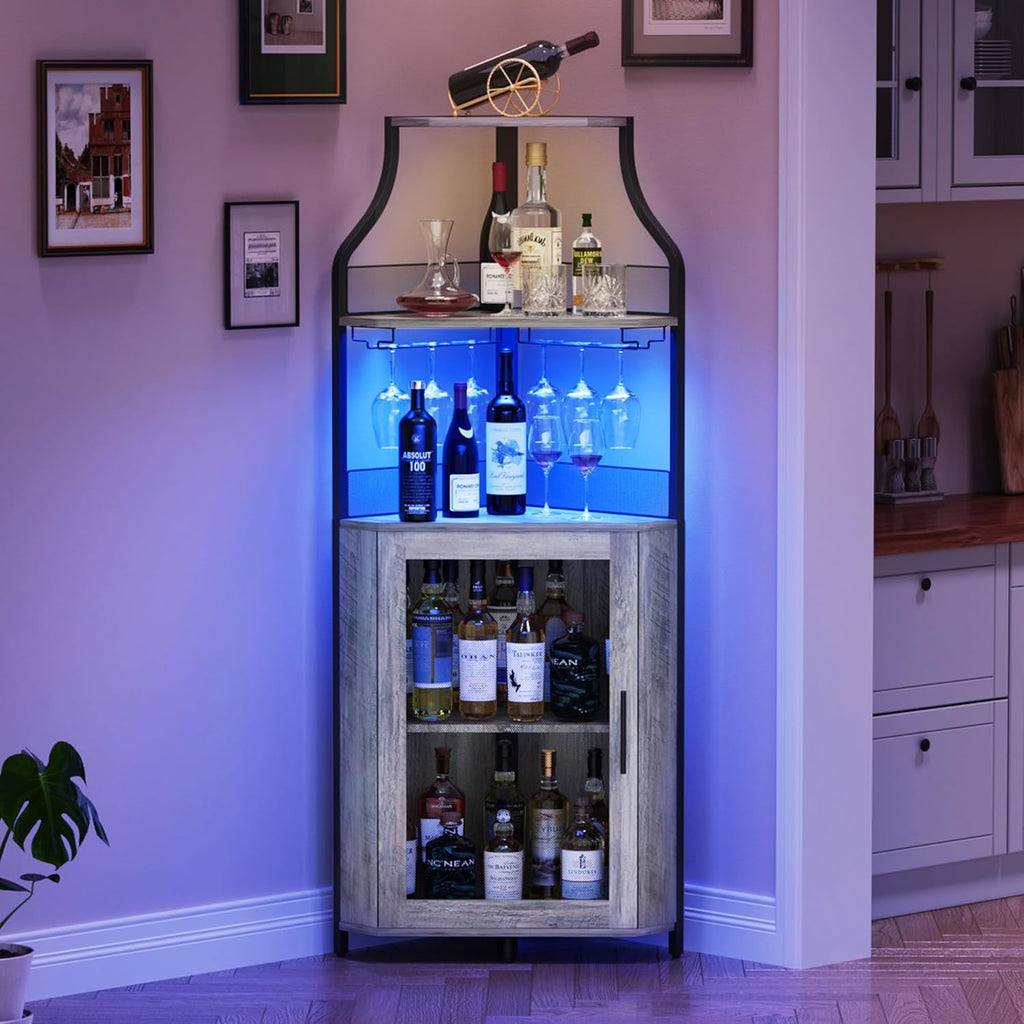 GarveeHome Corner Bar Wine Cabinet with LED Lights, 5-Tier Industrial Wine Cabinet with Glass Holder, Modern Liquor Cabinet with Adjustable Shelf, Home Bar Cabinet with Mesh Door, Grey