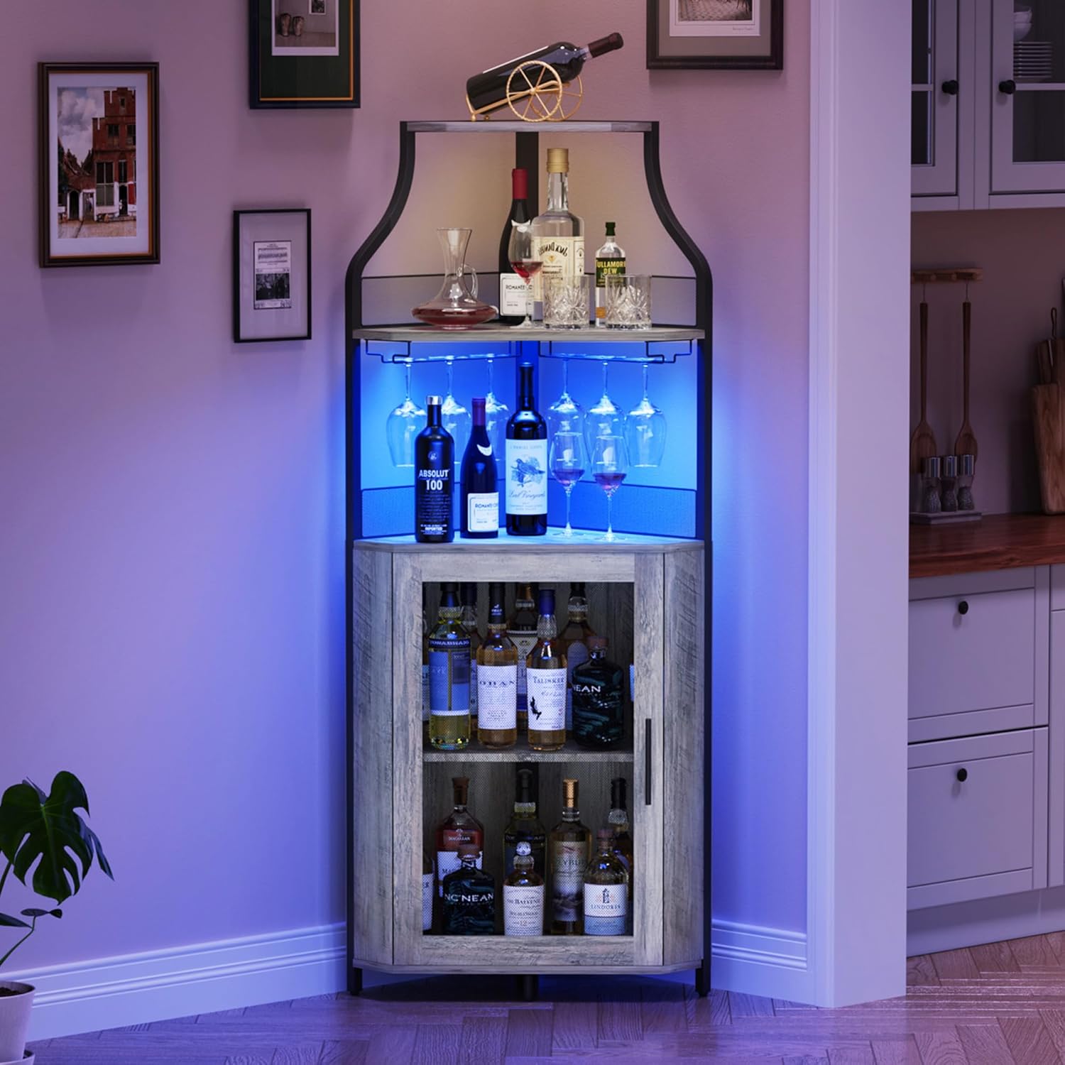 GarveeHome Corner Bar Wine Cabinet with LED Lights, 5-Tier Industrial Wine Cabinet with Glass Holder, Modern Liquor Cabinet with Adjustable Shelf, Home Bar Cabinet with Mesh Door, Grey