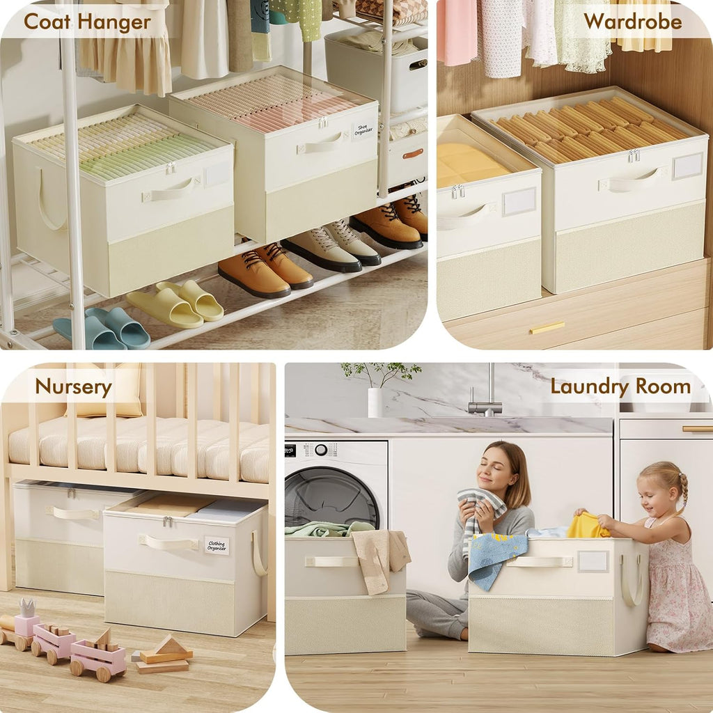 NestOrganix 2 Pack Shoe Organizer for Closet, Large Shoe Box Storage Containers, Foldable Shoe Storage Organizer Box Bin with Adjustable Dividers and Clear Cover, Space Saving Shoes Holder, Beige