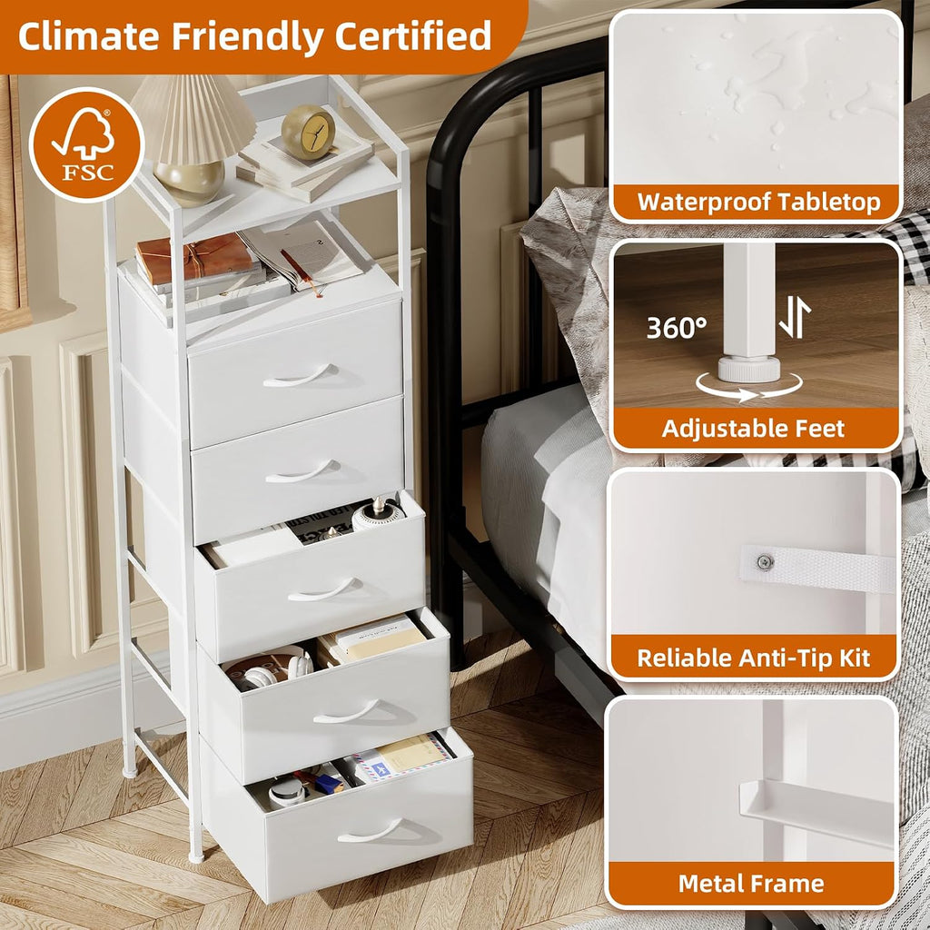Somdot Tall Nightstand with 5 Drawers, Vertical Fabric Dresser for Bedroom | Storage Tower for Bedside, Hallway, Entryway, Kids Room and Closet, White