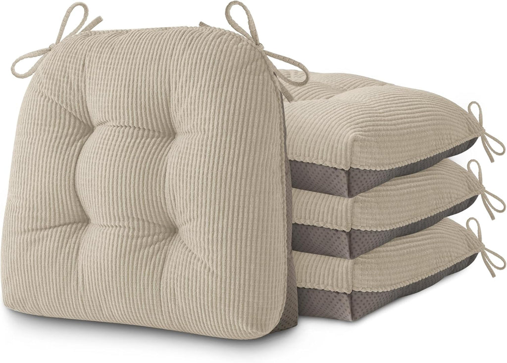 AddGrace Dining Chair Cushions Set of 4 Non-Slip Bottom Kitchen Chair Pads with Ties for Indoor Kitchen Furniture Comfy Soft Seat Cushions for Dining Room 18 x 16 x 3inch Cream