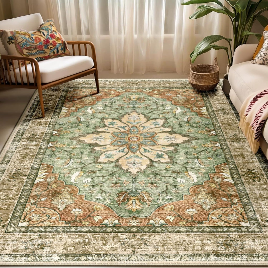 RELEANY Area Rugs 5'x7' Washable Non-Slip, Floral Vintage Distress Medallion Carpet for Living Room Bedroom Dining Room, Terracotta Burnt Orange Green