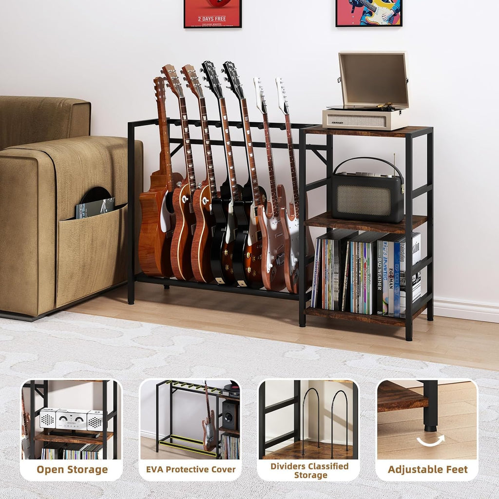 Guitar Stand with Record Player Stand, Guitar Rack with Record Player Table, Guitar Holder 7 Space for Multiple Guitars, Bass, Acoustic, Guitar Display for Home Music Studio, Brown