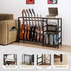 Guitar Stand with Record Player Stand, Guitar Rack with Record Player Table, Guitar Holder 7 Space for Multiple Guitars, Bass, Acoustic, Guitar Display for Home Music Studio, Brown