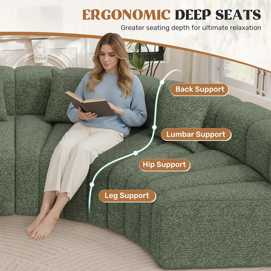 128" Oversized Curved Cloud Couch, Modern Compressed Modular Sectional Sofa, 4 Seater Boneless Couches for Living Room, No Assembly Required, Green 1 PCS
