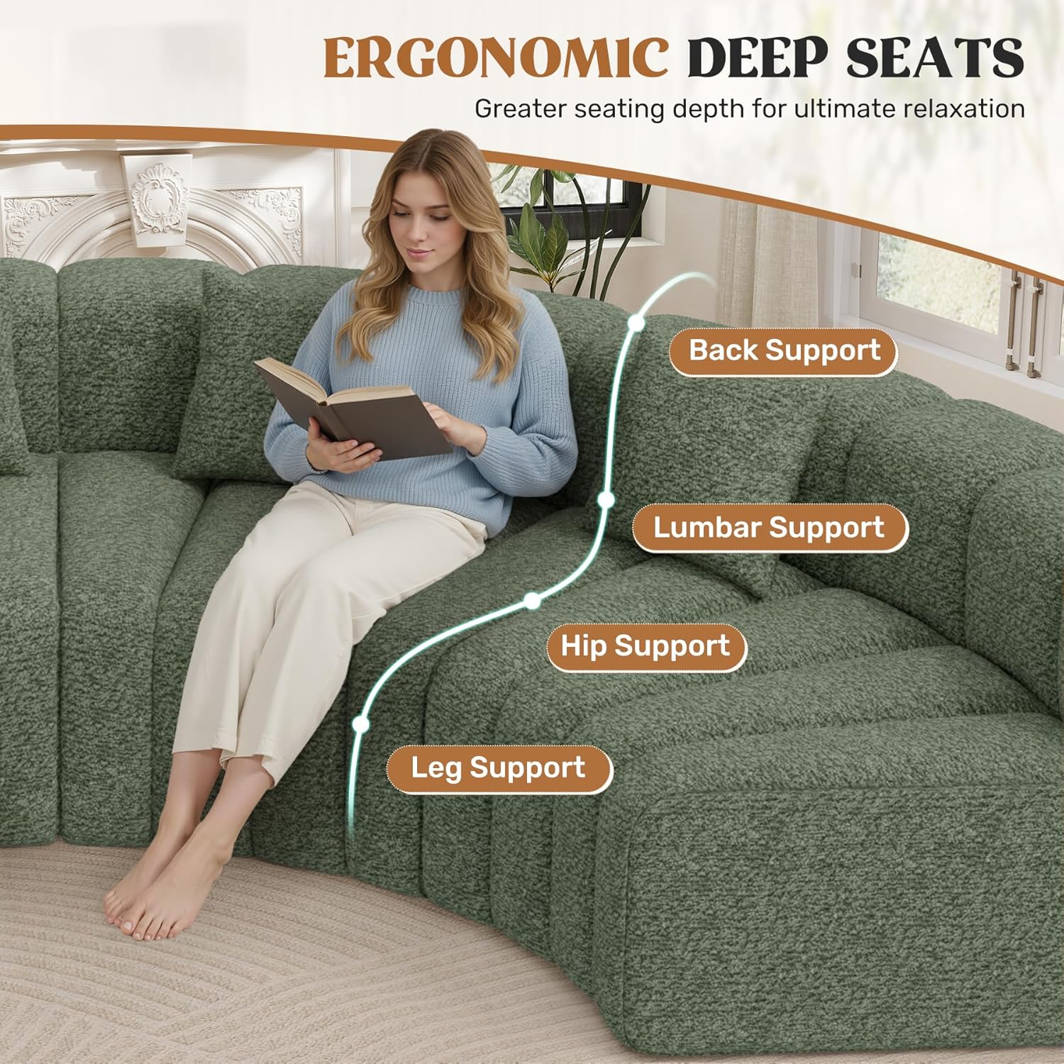 128" Oversized Curved Cloud Couch, Modern Compressed Modular Sectional Sofa, 4 Seater Boneless Couches for Living Room, No Assembly Required, Green 1 PCS