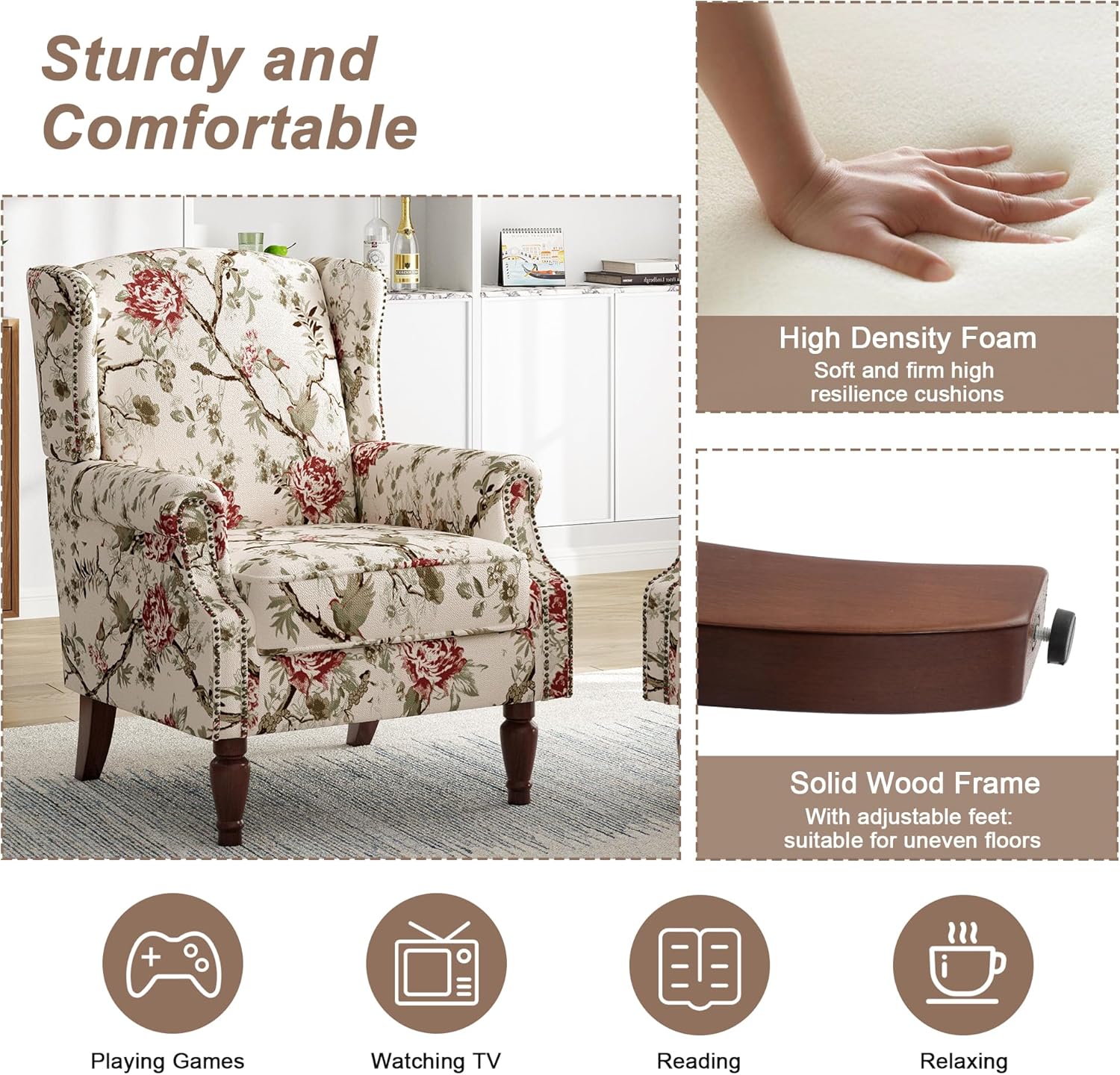 Pia Ricco High Back Floral Accent Chair - Retro Wingback Upholstered Armchair with Nailhead Trim, Solid Wood Legs, Fabric Living Room Bedroom Reading Chair (Flower Beige)