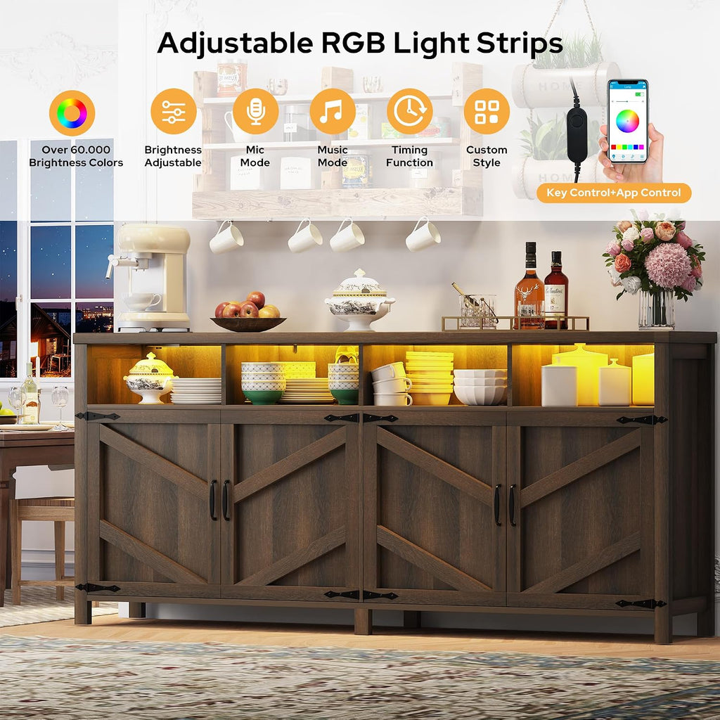 knoworld Buffet Sideboard with Storage Farmhouse with 4 Doors, 55'' Large Kitchen Storage Cabinet Wood Coffee Bar Buffet Table for Kitchen, Dining Room (Brown with Power Outlets & LED Light, 63in)