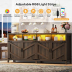 knoworld Buffet Sideboard with Storage Farmhouse with 4 Doors, 55'' Large Kitchen Storage Cabinet Wood Coffee Bar Buffet Table for Kitchen, Dining Room (Brown with Power Outlets & LED Light, 63in)