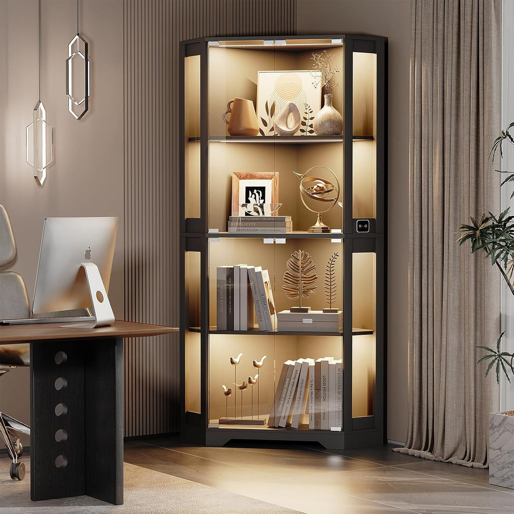 BROTTAR Corner Display Cabinet with Glass Doors, 65" Lighted Curio Cabinet with 3 Color LED Lights for Collectibles, 4-Tier Showcase Display Case with Human Body Sensor for Toys, Books, Black