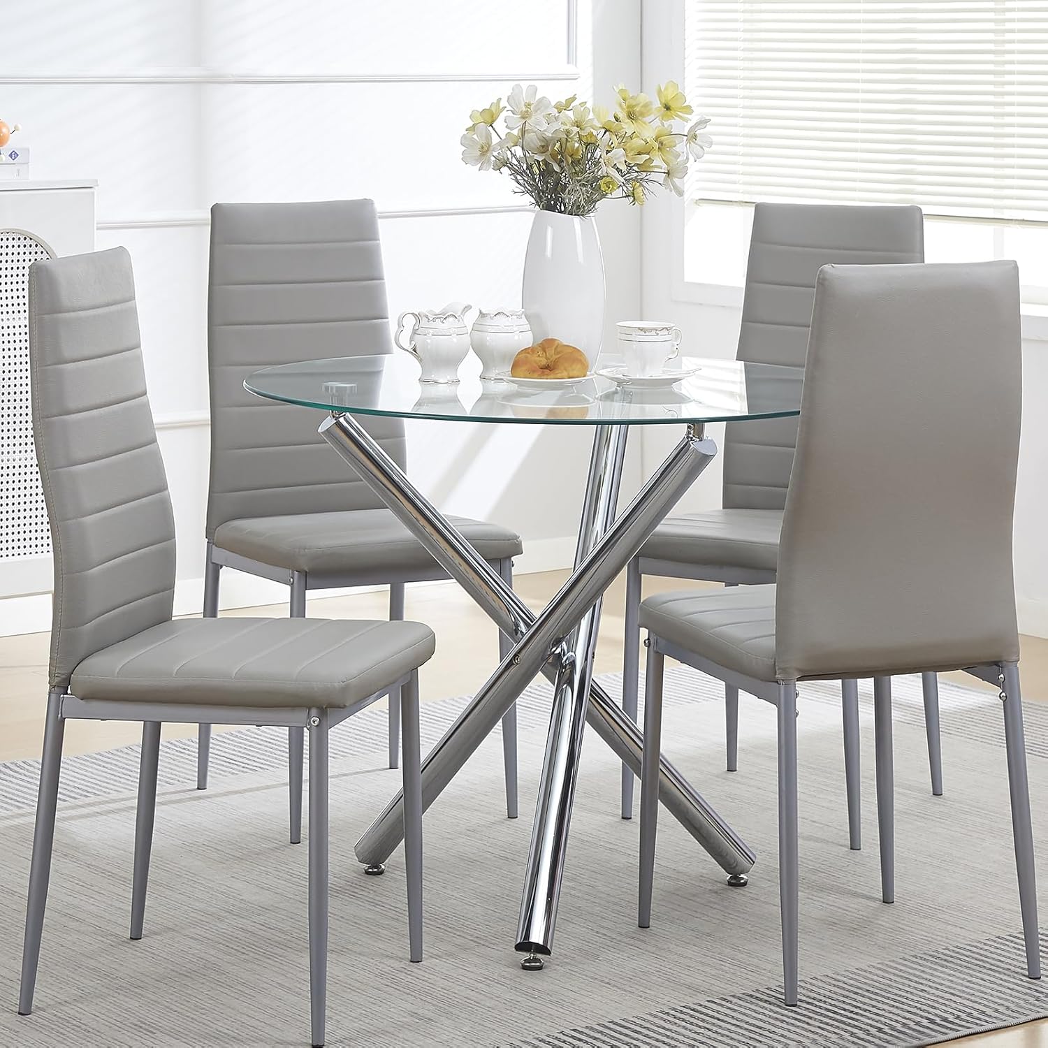 Round Glass Dining Room Set for 4 Modern Clear Silver Kitchen Table and Faux Leather Grayish Chairs Set Compact 5-Pieces Dining Table with Chair Set for Small Space/Apartment