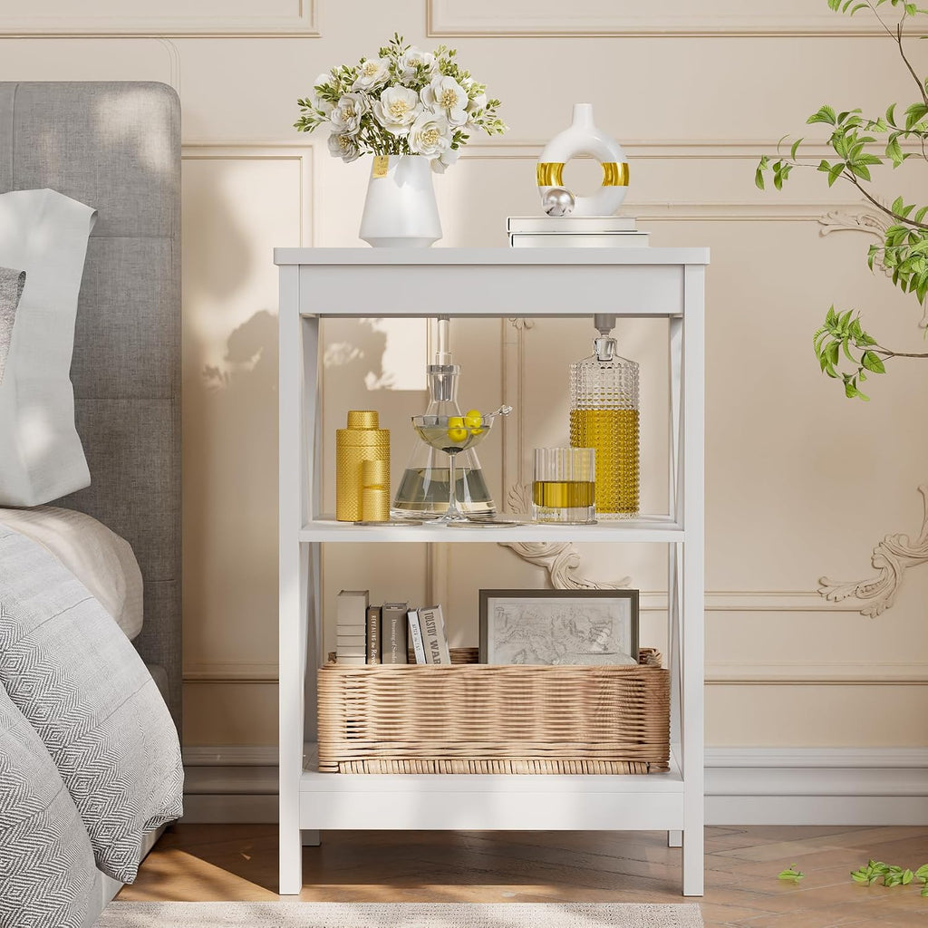SEJOV Side Table for Living Room, White End Table with 3-Tier Storage Shelves X-Design Night Stand for Small Spaces Farmhouse Wooden Nightstand for Bedroom Bed Side Office