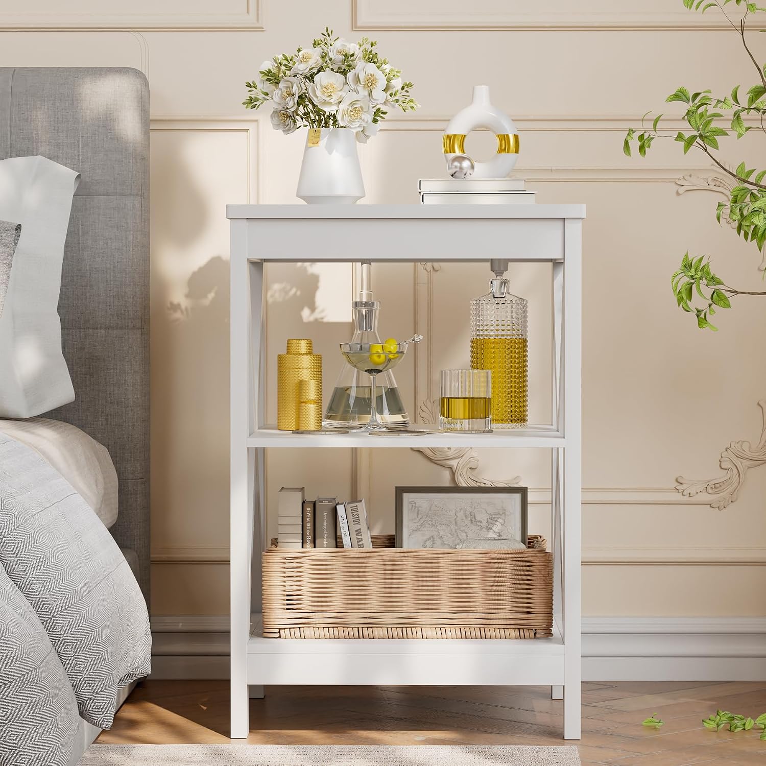 SEJOV Side Table for Living Room, White End Table with 3-Tier Storage Shelves X-Design Night Stand for Small Spaces Farmhouse Wooden Nightstand for Bedroom Bed Side Office