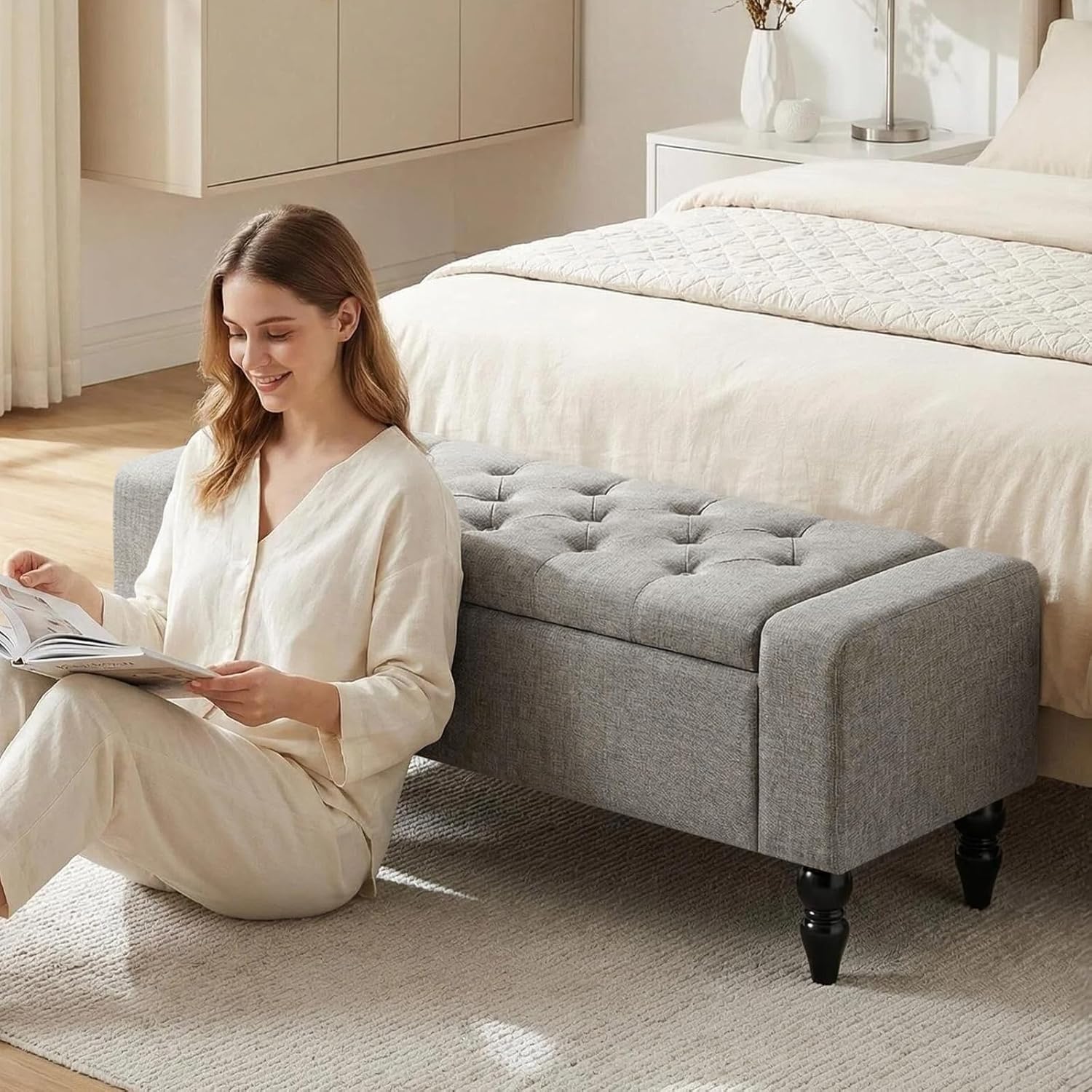 Storage Bench for End of Bed, 47 Inch Upholstered Storage Ottoman Bench with Removable Lid, Diamond Tufted Hidden Storage Bench for Bedroom, Entryway Bench with Solid Wood Legs, Gray