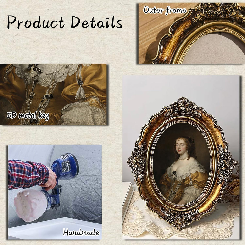 XIAOAIKA Vintage Baroque Oval Framed Canvas Art, Classical Woman Portrait Oil Painting with 3D Embossed Details, Antique Bronze Gold Resin Frame for Living Room Bedroom Entryway Décor, 10 x 8 Inch