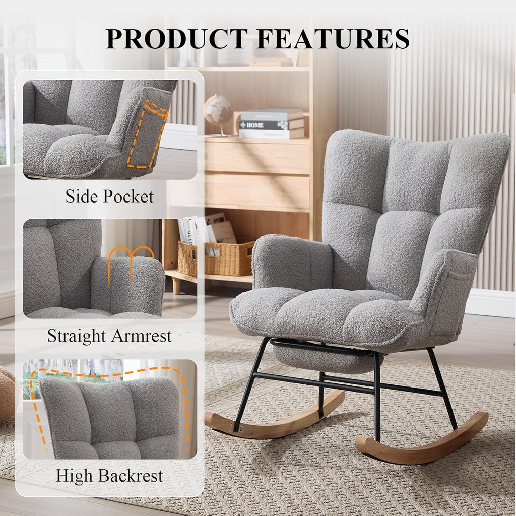Nursery Rocking Chair with Footrest, Teddy Upholstered Glider Rocker with Side Pocket, Leisure Rocker Chair with High Back, Recliner Rocking Chair, Accent Reading Chair for Bedroom (Grey)