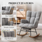Nursery Rocking Chair with Footrest, Teddy Upholstered Glider Rocker with Side Pocket, Leisure Rocker Chair with High Back, Recliner Rocking Chair, Accent Reading Chair for Bedroom (Grey)