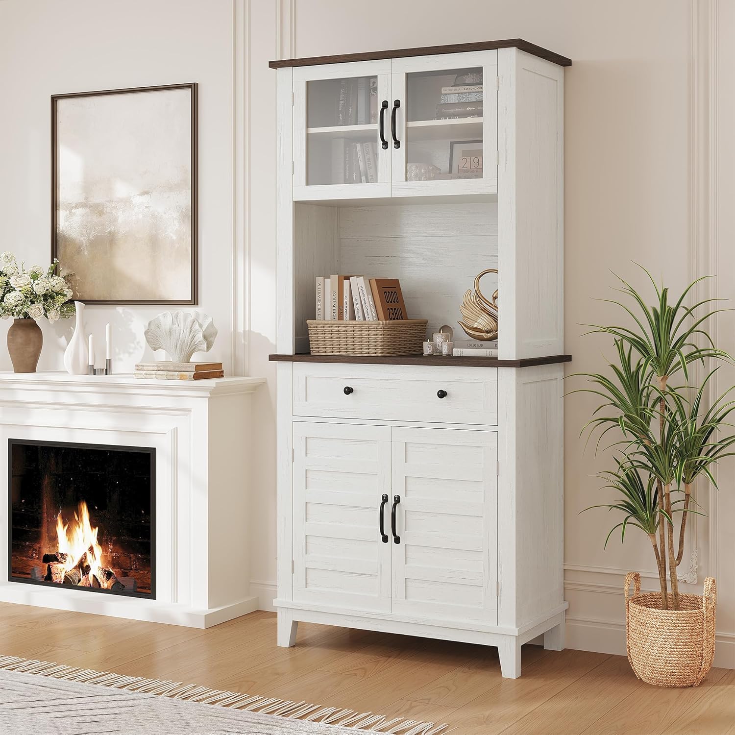 Multi-Functional Hutch – Elegant 72" White Pantry Coffee Bar Cabinet for Tall Kitchen Storage with Adjustable Shelves, Glass Doors & Drawer – Ideal for Dining Room and Kitchen, White