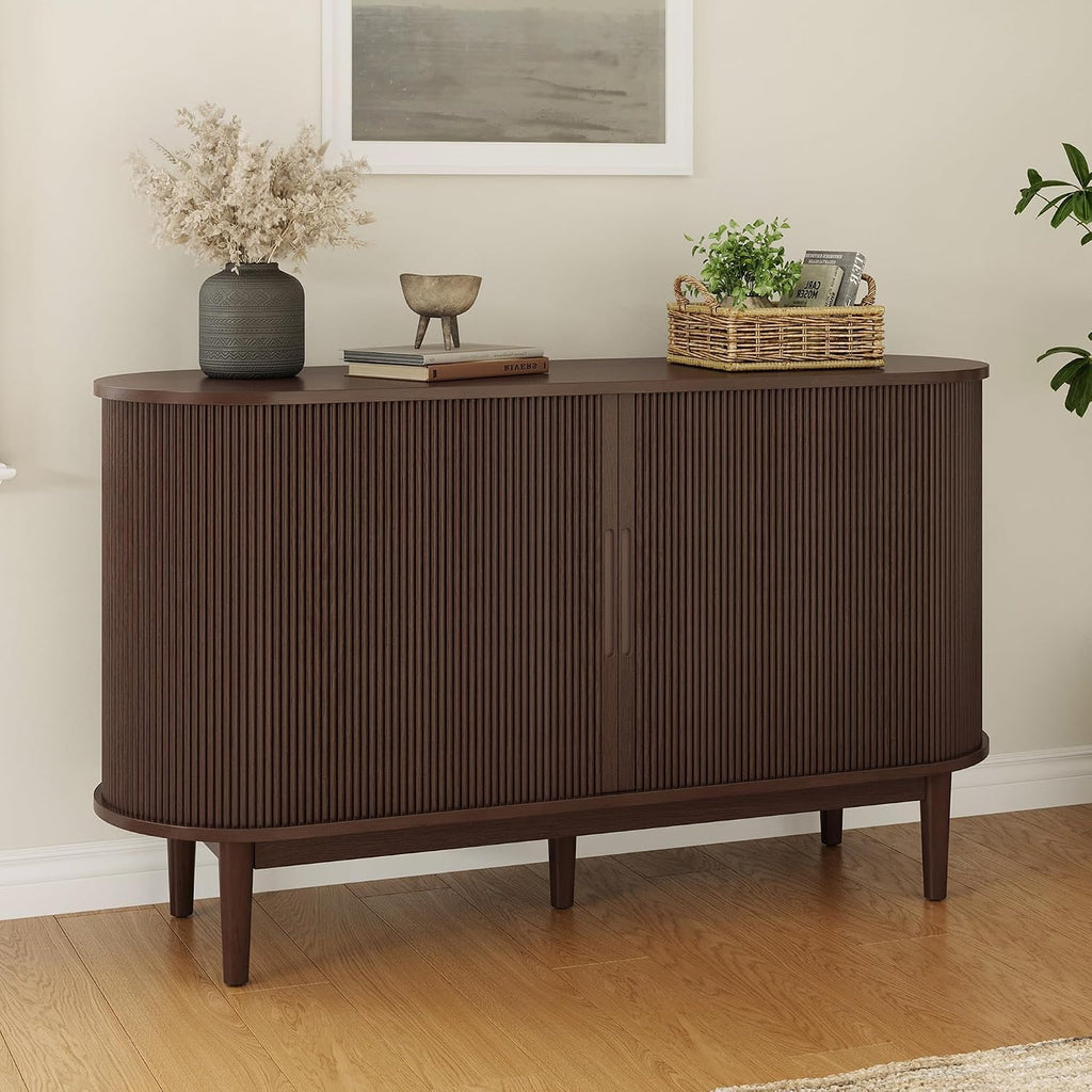 LINSY Home 55" Sideboard Buffet Cabinet,Tambour Sliding Doors & Drawer | Vintage Walnut Fluted Coffee Bar Cabinet with Storage, Mid Century Modern Wood Storage Buffet Table for Kitchen, Living Room