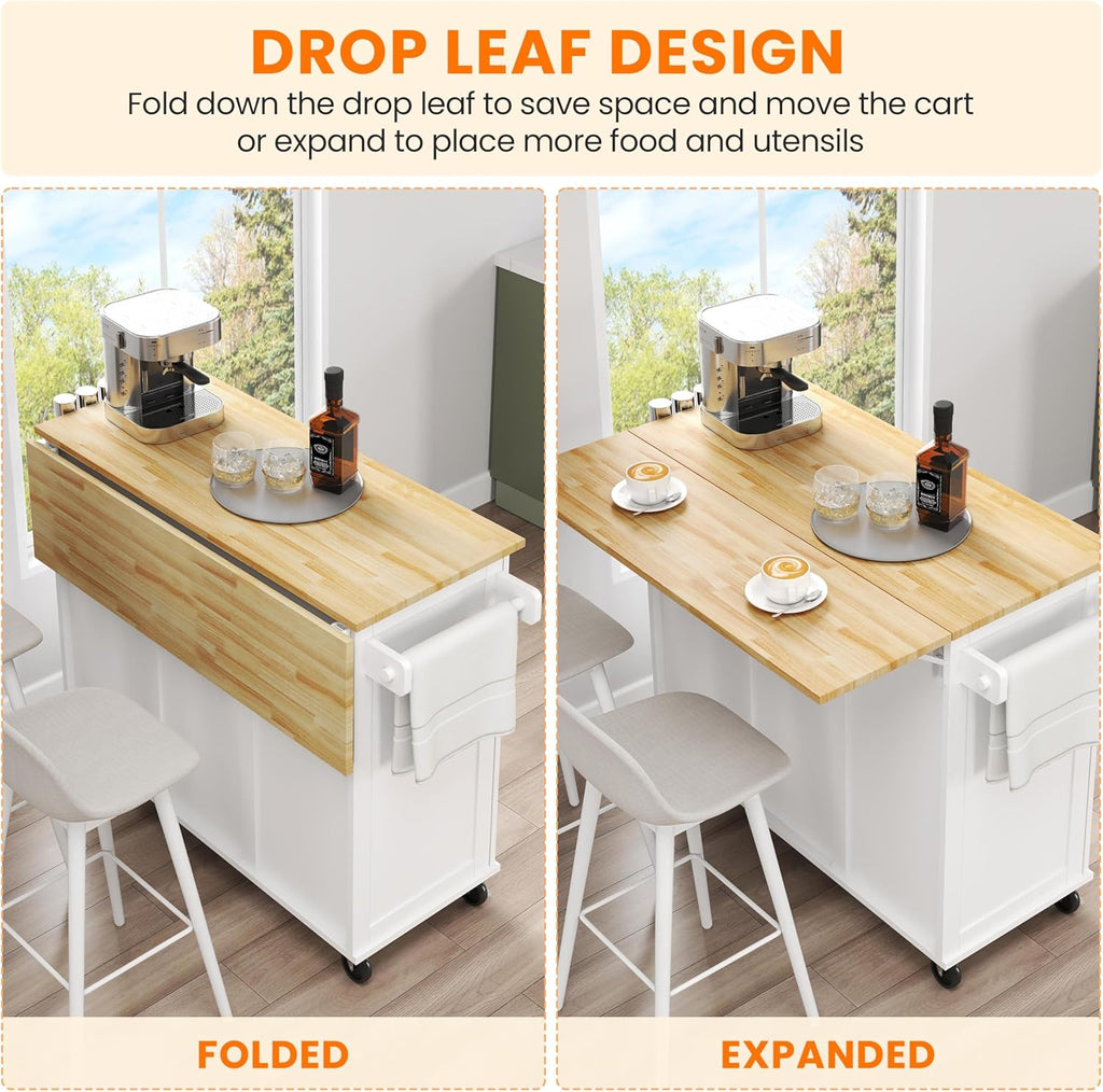 Yaheetech Kitchen Island Cart with Drop Leaf, Kitchen Breakfast Bar on 5 Universal Wheels with Storage Cabinet, Rubberwood Top, 3 Drawers, Spice Rack for Dining Room, 49W x 29.5D x 36H, White