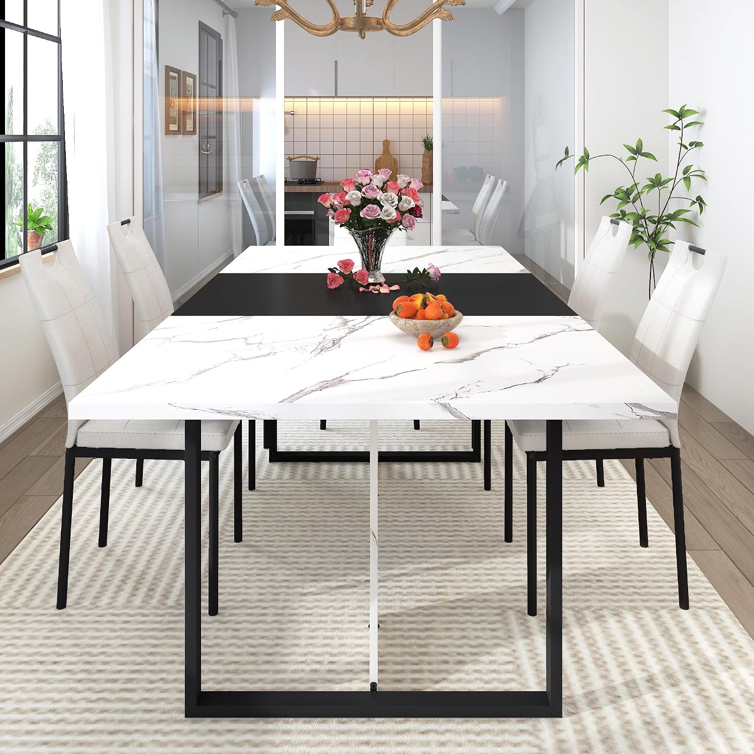 chartustriable 7PCS Dining Table Set with 6 Chairs for 4 5 6 People, 71" Large Wooden Kitchen Table Sets with 6 Upholstered Chairs,6-Person Kitchen Table & Chairs Set for Dining Room Kitchen(White)