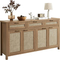 HOKYHOKY 63" Rattan Sideboard Buffet Cabinet, Boho Storage Cabinet with Adjustable Shelves, Farmhouse Credenza Coffee Bar Cabinets with 4 Doors & 3 Drawers for Living Room, Hallway & Kitchen