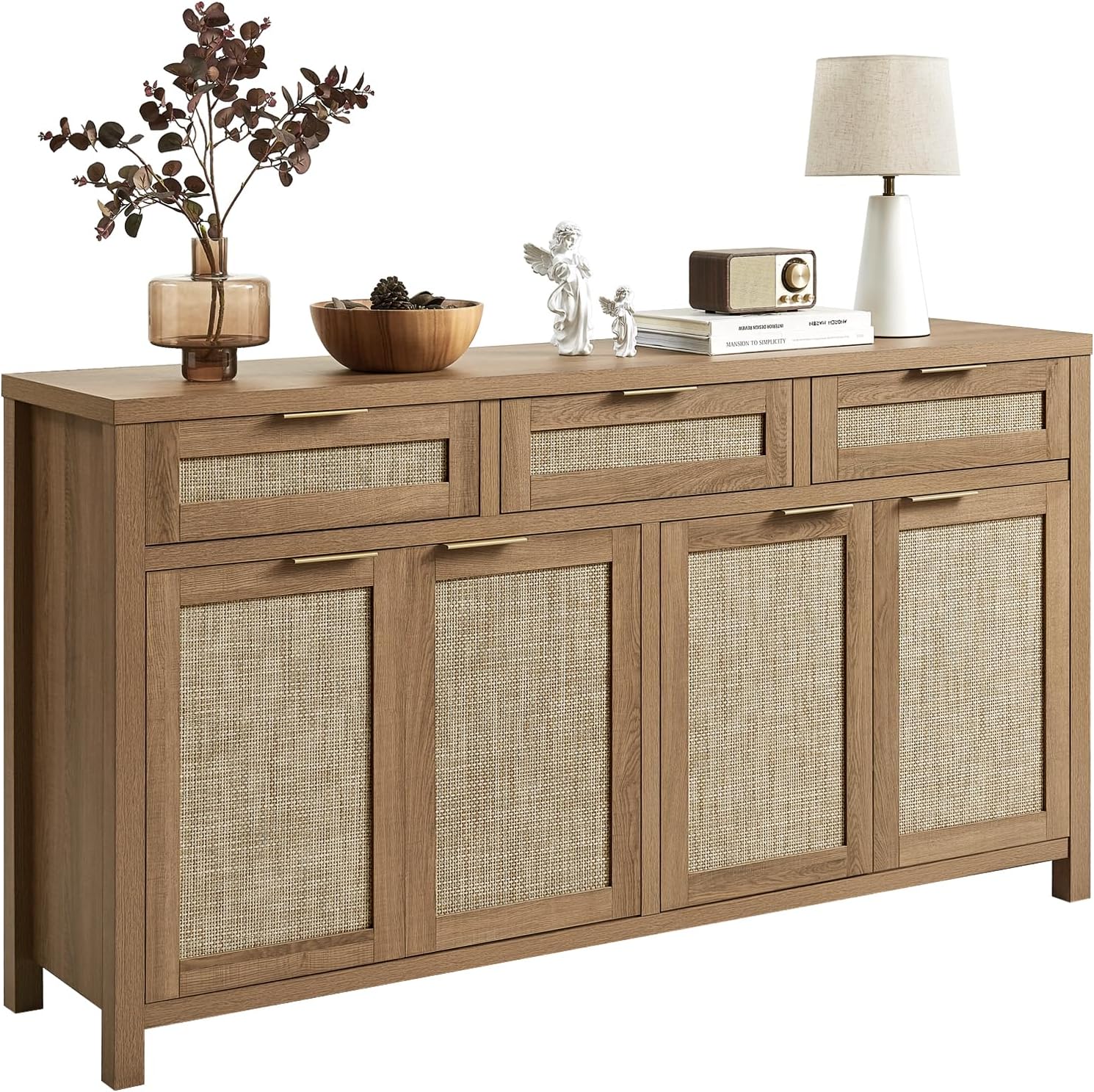 HOKYHOKY 63" Rattan Sideboard Buffet Cabinet, Boho Storage Cabinet with Adjustable Shelves, Farmhouse Credenza Coffee Bar Cabinets with 4 Doors & 3 Drawers for Living Room, Hallway & Kitchen