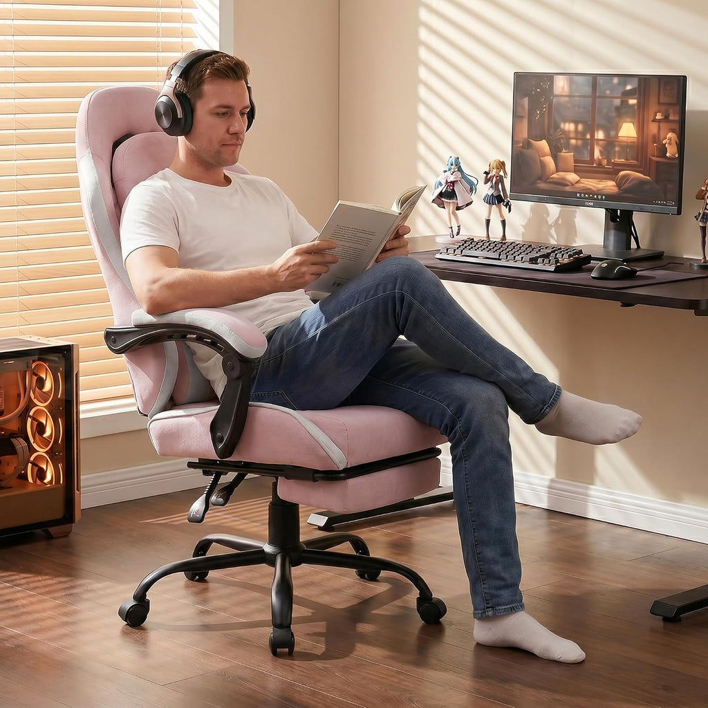 Shintenchi Gaming Chair, Ergonomic Office Chair with Footrest, Lumbar Support and Linkage Armrests, Swive Home Video Game Chairs for Adults, Pink