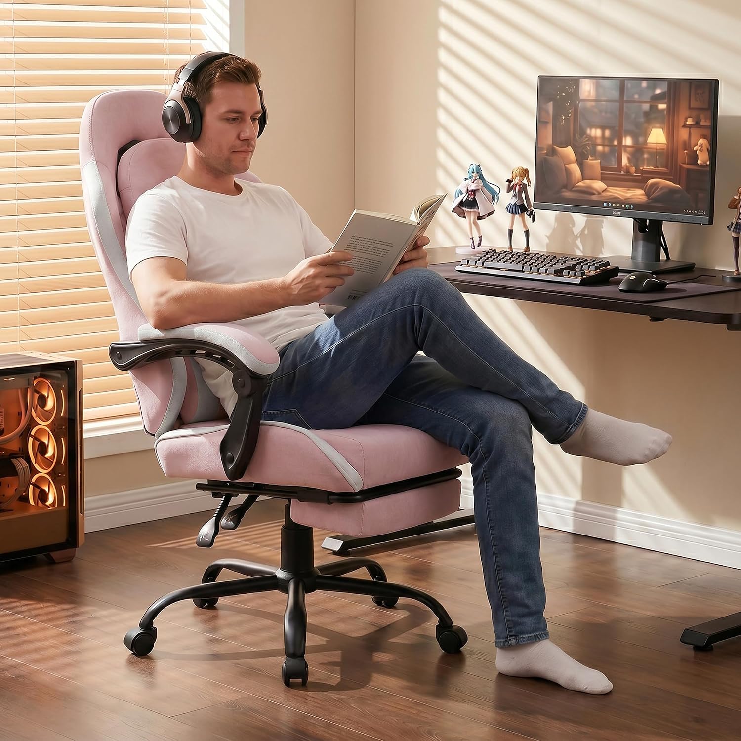 Shintenchi Gaming Chair, Ergonomic Office Chair with Footrest, Lumbar Support and Linkage Armrests, Swive Home Video Game Chairs for Adults, Pink
