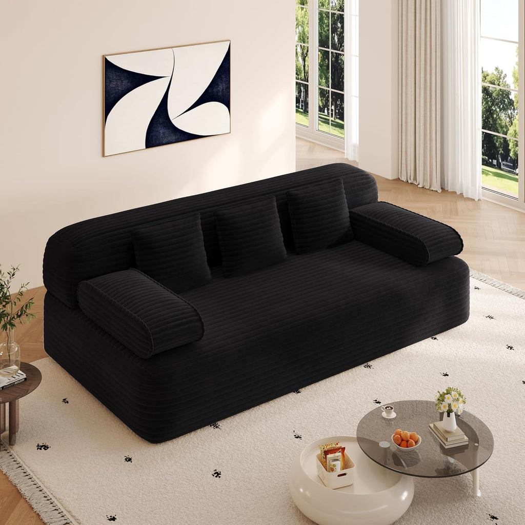78.7'' Boneless Couches Queen, Corduroy Futon Sofa Bed, Modern Floor Couch, Cloud Convertible Sleeper Sofa Daybed, Comfy Loveseat, 3 Pillows, for Small Spaces, Living Room, Apartment, Black
