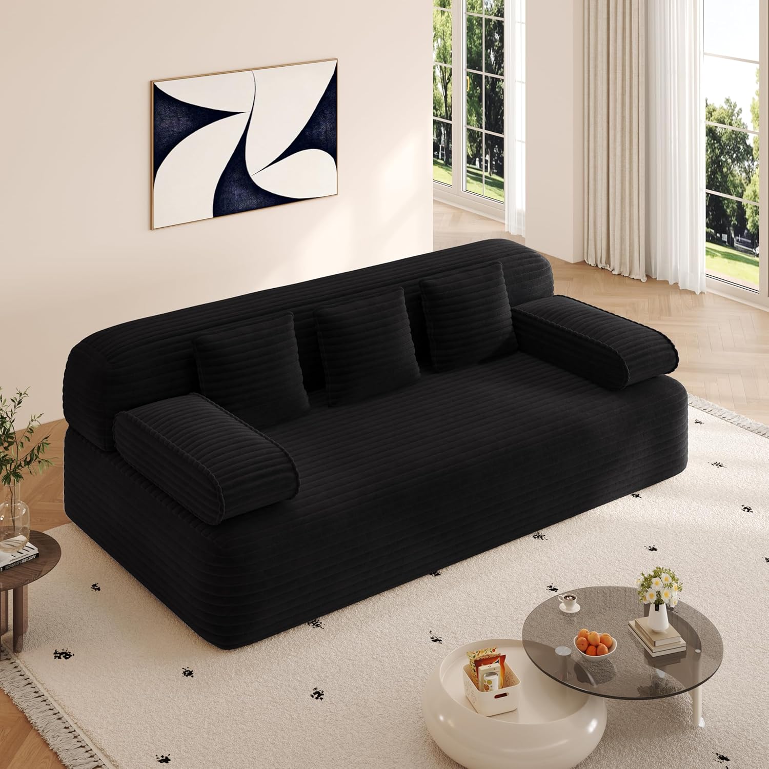 78.7'' Boneless Couches Queen, Corduroy Futon Sofa Bed, Modern Floor Couch, Cloud Convertible Sleeper Sofa Daybed, Comfy Loveseat, 3 Pillows, for Small Spaces, Living Room, Apartment, Black
