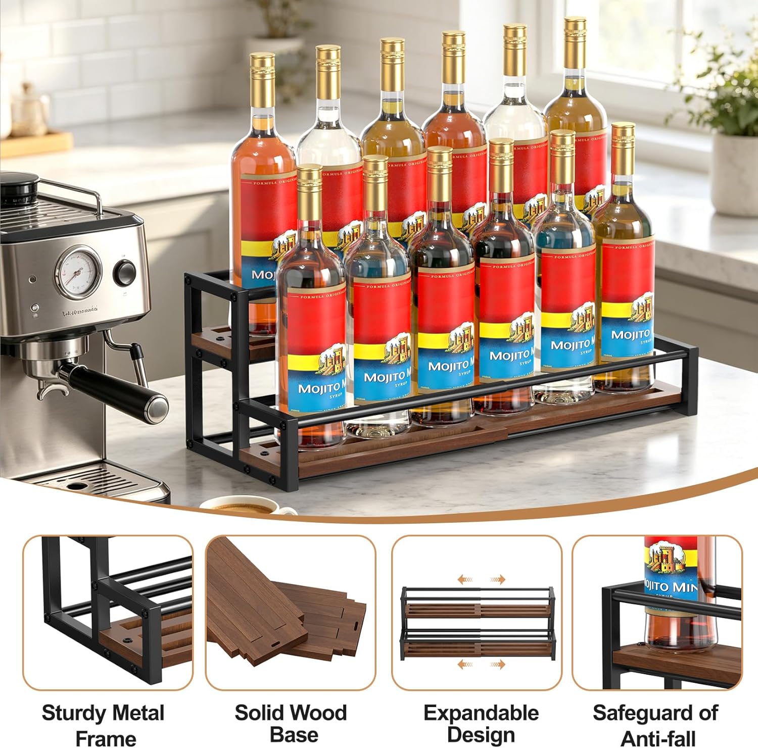 Expandable Coffee Syrup Organizer, Customized Width Syrup Rack & Bottle Holder for Coffee Bar Station, Liquor Bottle Display Shelf Bar Shelves, Wine Racks Countertop for Syrup, Wine, Spice