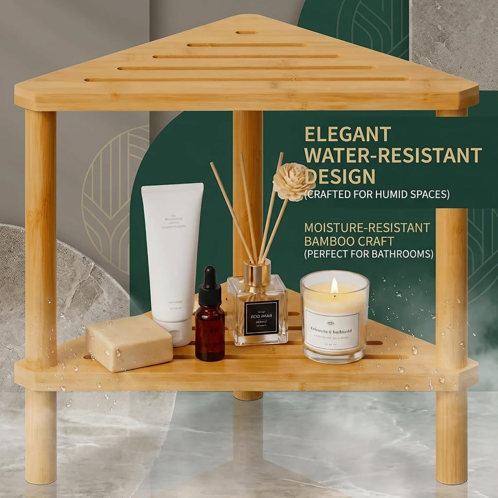 Corner Shower Stool for Shaving Legs, Corner Organizer | Waterproof, Durable, Bamboo, 2-Tier, Easy Assembly