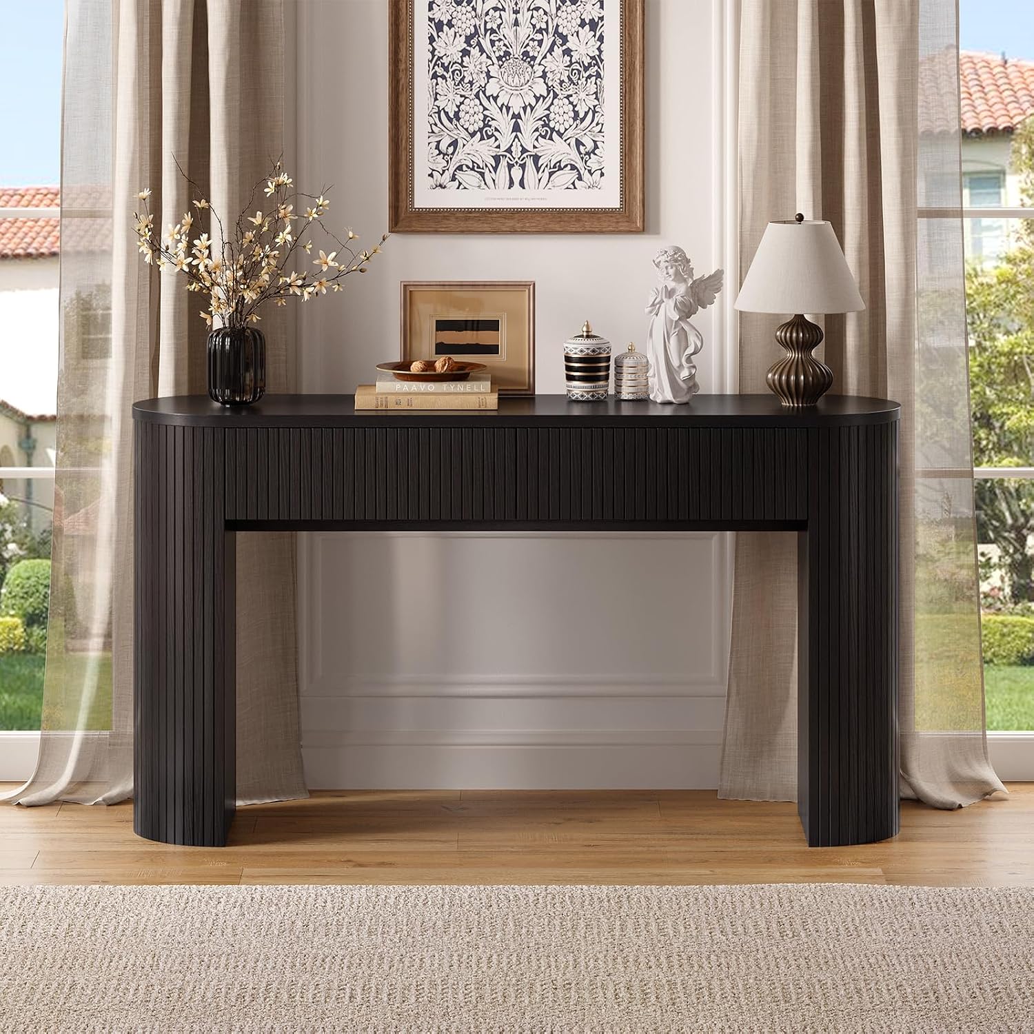 55 Inch Console Table with 2 Drawers, Entryway Tables with Storage,Black | Fluted Sofa Table Behind The Couch, Hallway Tables, Mid-Century Modern Foyer Table for Entryway, Hallway, Living Room