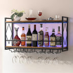 Wall Mounted Wine Rack with LED Light, 31.5" Bar Liquor Shelves with Glass Holder, Metal Hanging Bar Shelves Wine Storage Rack Display for Kitchen Home Bar Dining Room Living Room