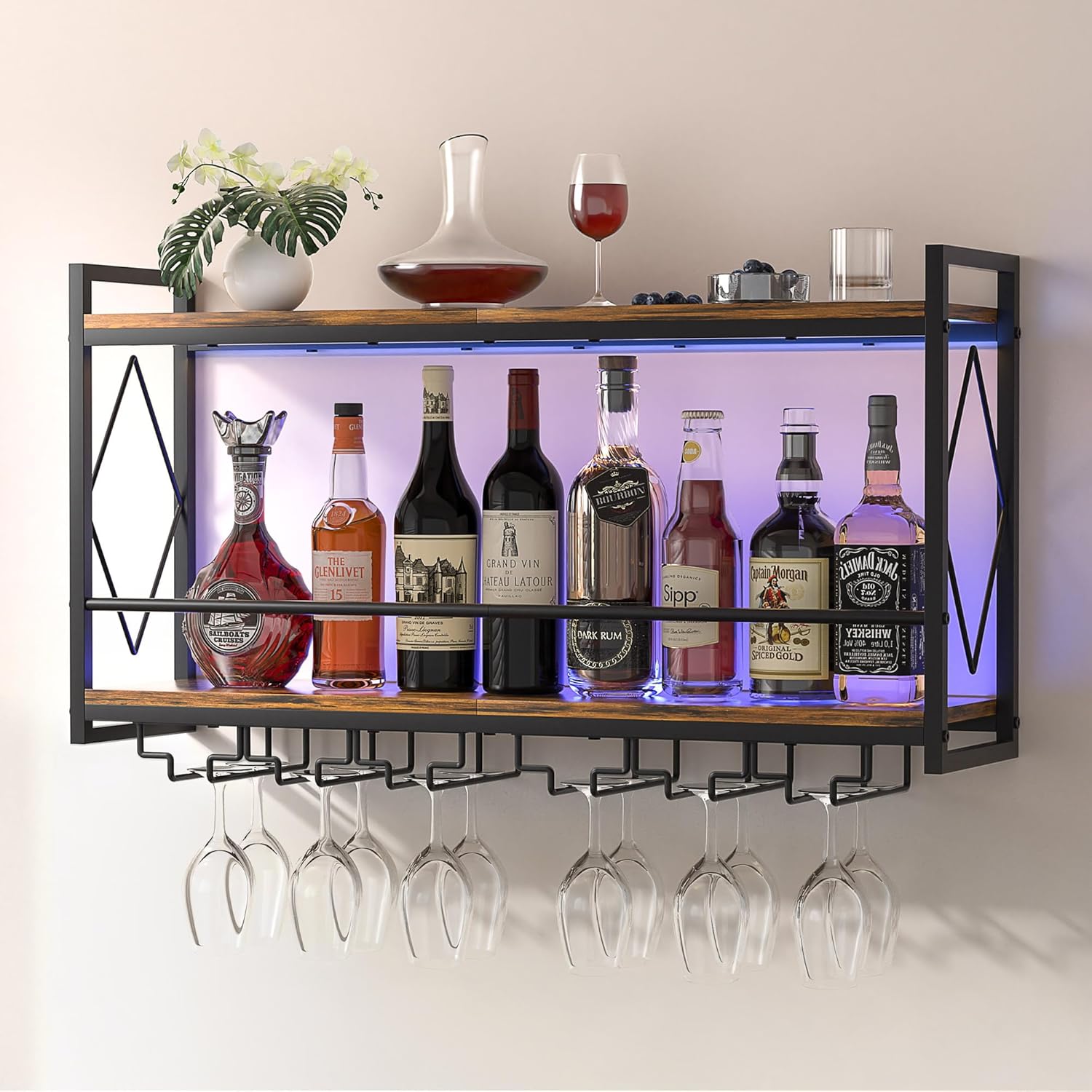 Wall Mounted Wine Rack with LED Light, 31.5" Bar Liquor Shelves with Glass Holder, Metal Hanging Bar Shelves Wine Storage Rack Display for Kitchen Home Bar Dining Room Living Room