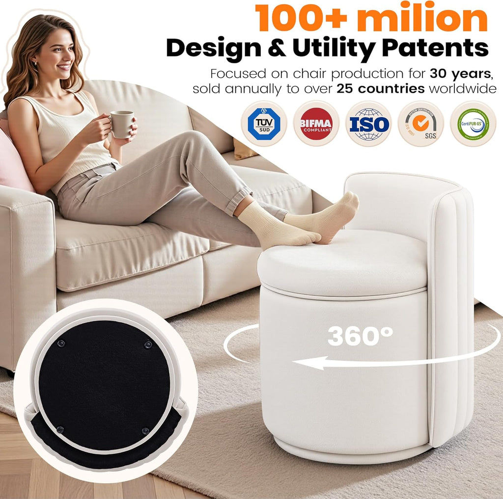 Vanity Chair with Storage, 360° Swivel Velvet Makeup Stool with Wave Backrest, Modern Round Upholstered Closet Stool, No Assembly for Bedroom, Dressing Room & Living Room, White