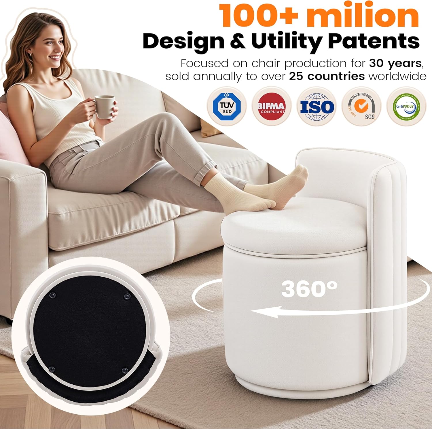 Vanity Chair with Storage, 360° Swivel Velvet Makeup Stool with Wave Backrest, Modern Round Upholstered Closet Stool, No Assembly for Bedroom, Dressing Room & Living Room, White
