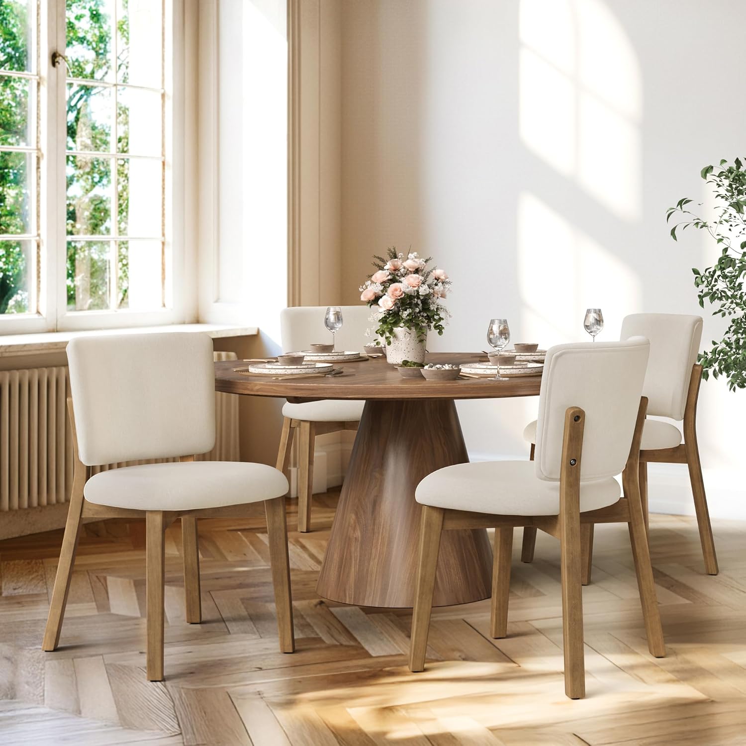 LUE BONA Wooden Dining Chairs Set of 4, Comfortable Wide Back Kitchen Side Chairs, Strong Thick Legs for Modern Farmhouse Dining Room, Linen Upholstered and Natural Wood Legs