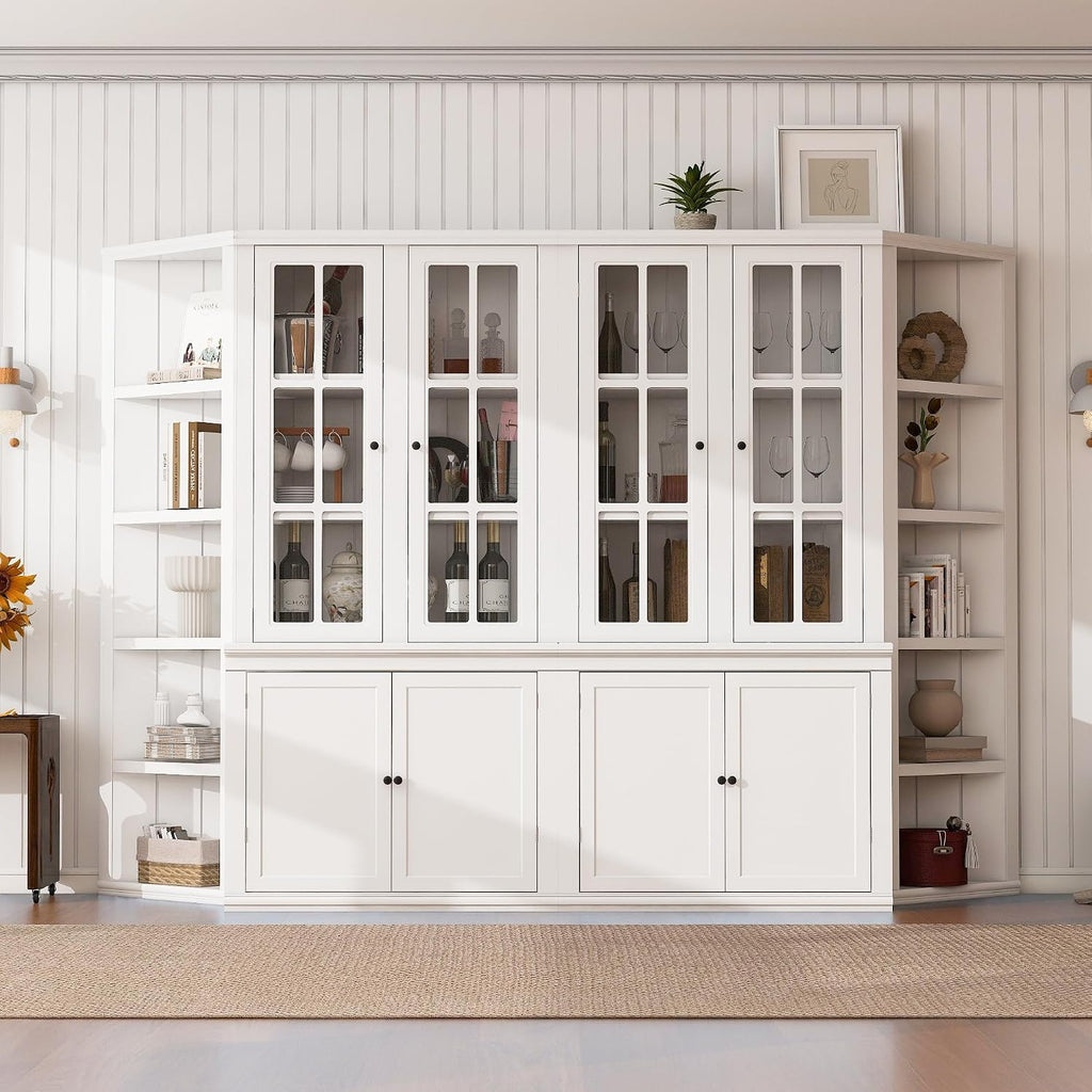 roomfitters 75.25'' Pantry Cabinets with Triangle Bookshelves, Retro Wall Storage Unit with Glass Doors for Living Room, White