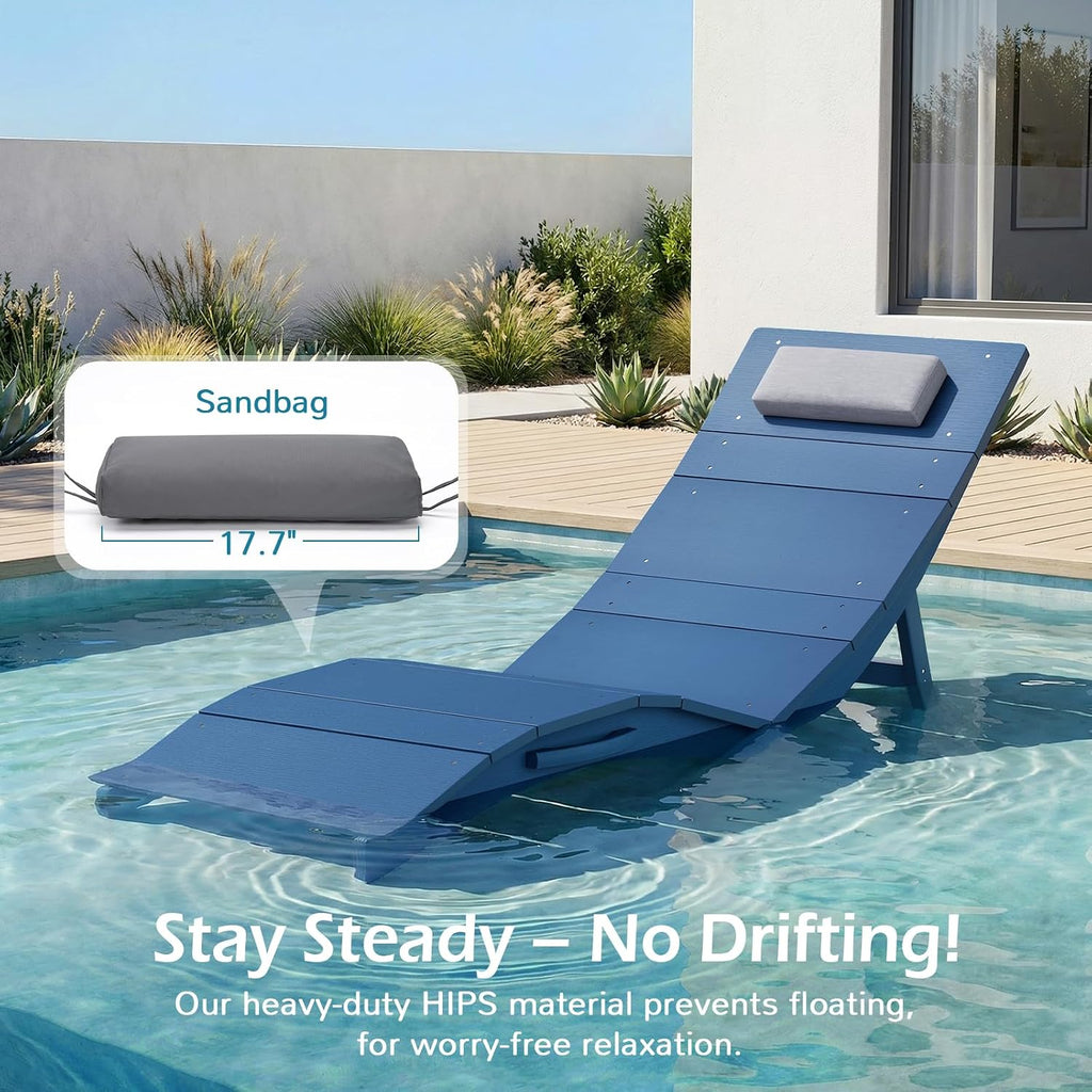 Stoog Folding Pool Lounge Chair, HIPS Outdoor Anti-Floating Recliner with Headrest, Pool Chairs for Hotel, Beach & Sun Decks, Blue