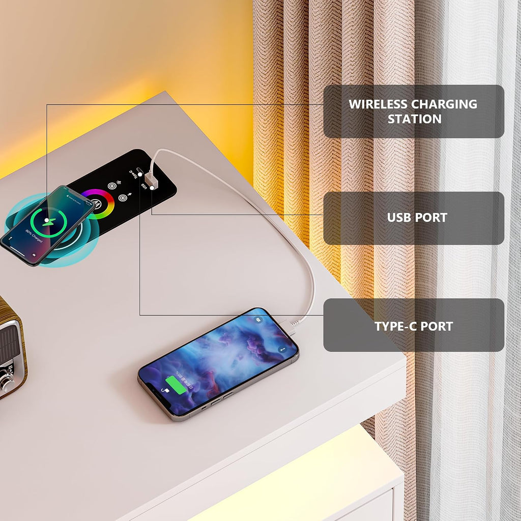 Gurexl 40" LED Buffet Cabinet with Wireless Charging Station,Auto Sensor RGB 20-Color Dimmable Sideboard with Human Body Induction,Sideboards Cabinet with 1 USB&Type-C Port and 3 Drawers
