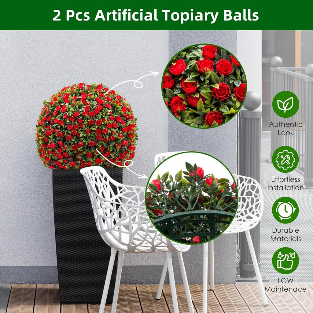 21 Inch Artificial Topiary Balls Set of 2, Artificial Topiary Flower Balls with Chains and Zip Tiles,Hanging Rose Flower Balls for Home Decor,Wedding, Office,Red
