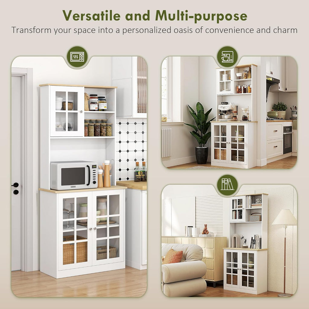 HOMCOM Kitchen Pantry Storage Cabinet, 72" Freestanding Cabinet with Hutch, Large Countertop, Glass Doors and Adjustable Shelves for Dining Room, Off White
