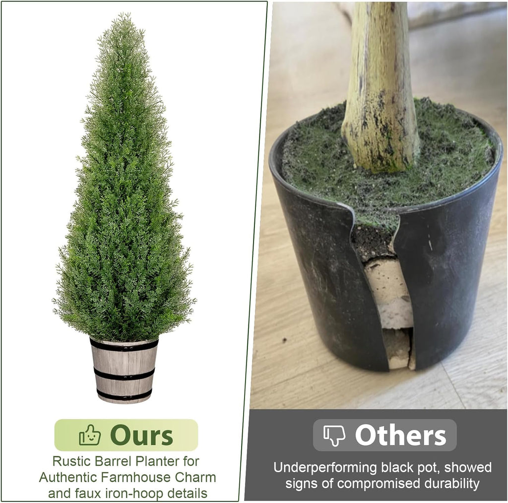 VIVATREES 4FT Artificial Cedar Topiary Trees with Rustic Barrel Planter, Outdoor Indoor Realistic Faux Pine Shrubs Plants, Fake Cypress Trees for Home Offices Porch Decor, Set of 2