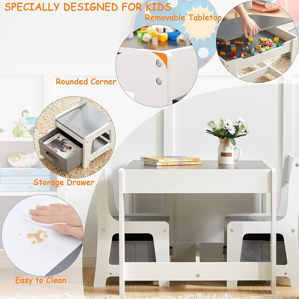 GTOLV Kids Table and Chair Set, 3 in 1 Wooden Activity Table with Storage Drawer for Toddlers Drawing, Reading, Crafts, 2 in 1 Detachable Tabletop Table Set for Nursery, Playroom (Gray)